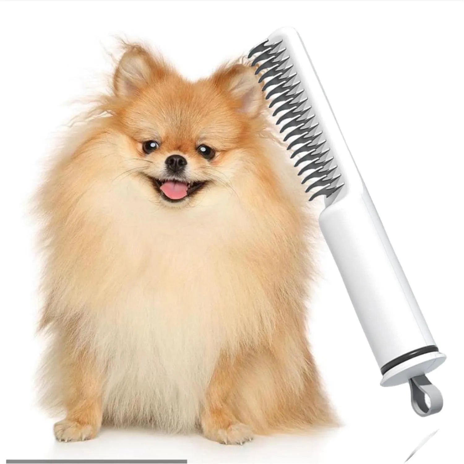 Pink and white stainless steel dog dematting comb with ergonomic handle for removing hair knots and mats.