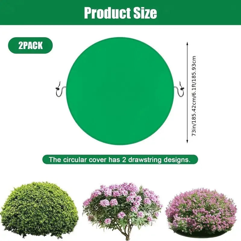 Round winter non-woven plant camera cover in green with drawstring for frost protection