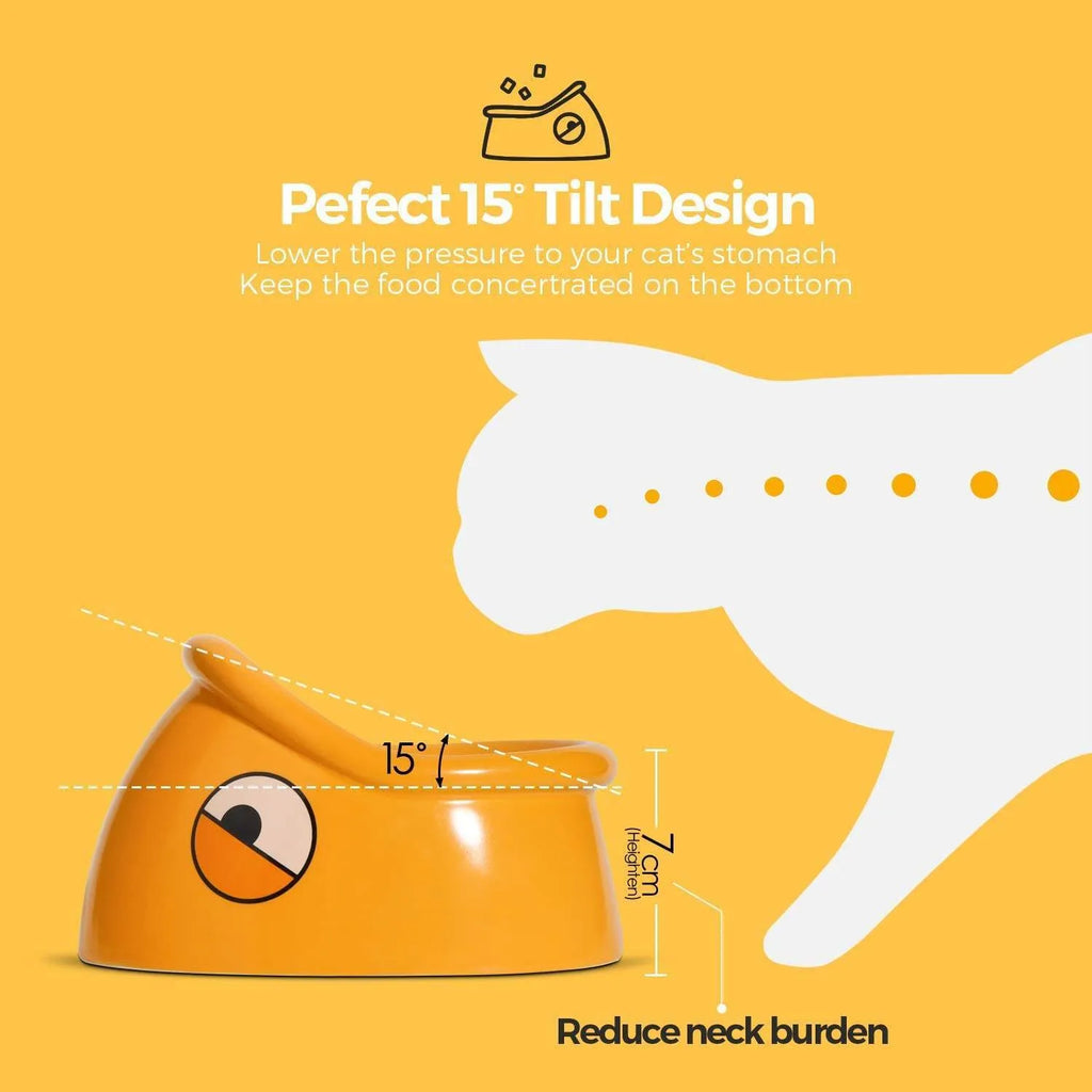 Orange ceramic pet food bowl with fish head pattern, 196x121x149mm, on floor