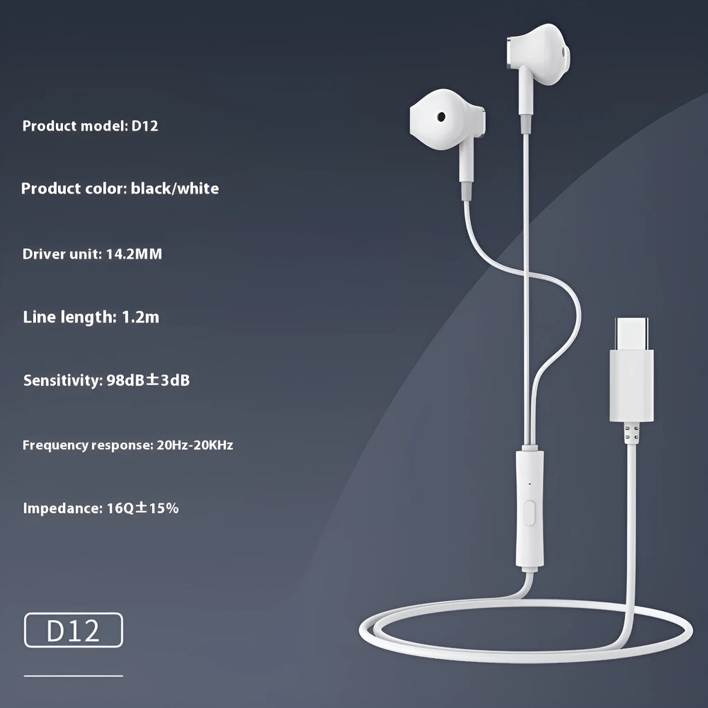 Celebrat new TYPE-C wired semi-in-ear headset with 1.2m cable in black and white colour options