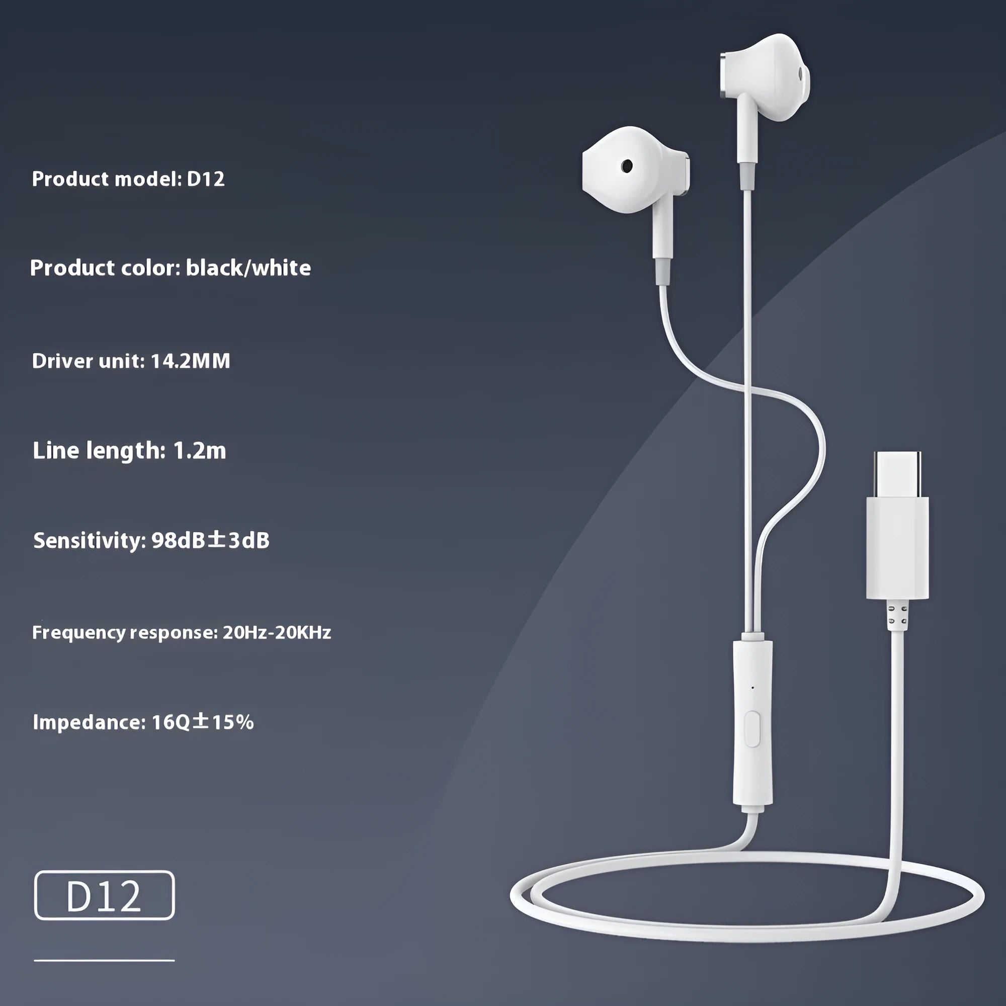 Celebrat new TYPE-C wired semi-in-ear headset with 1.2m cable in black and white colour options