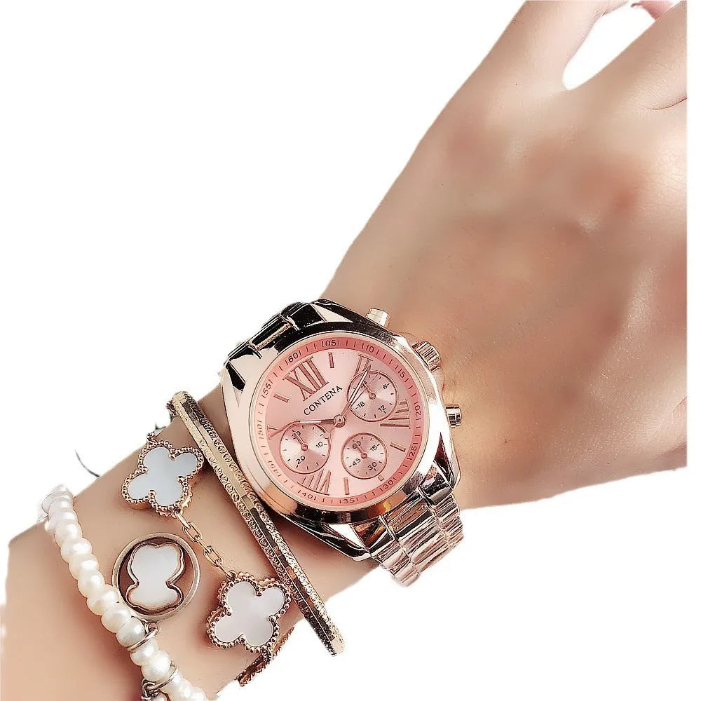Women's silver rose gold mesh strap watch with diamond quartz movement and 15mm case thickness
