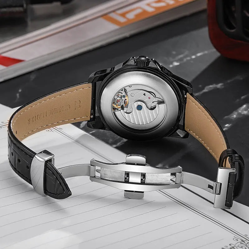 Men's black and white automatic waterproof watch with luminous dial and steel or leather strap