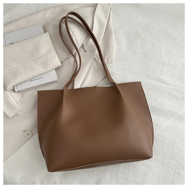 PU casual messenger bag in black, brown, white, or coffee with open pocket, bucket shape, and double shoulder straps