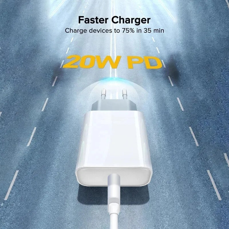 White 20W USB Power Delivery charger with Type-C port and multiple international plug options