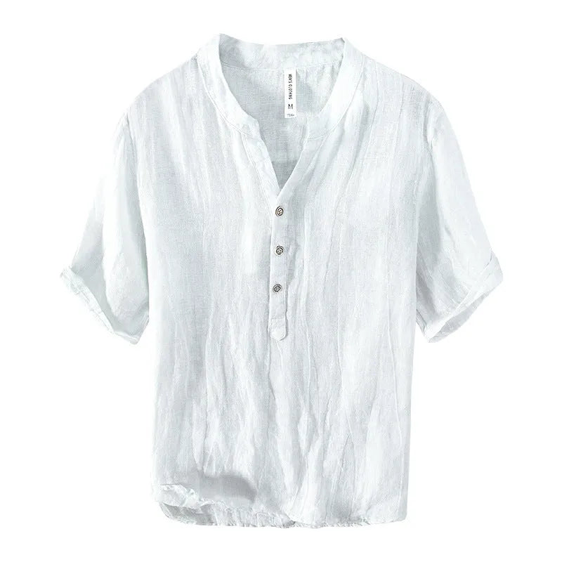 Retro linen pullover top in grey, shown on a model, featuring short sleeves and a solid colour.
