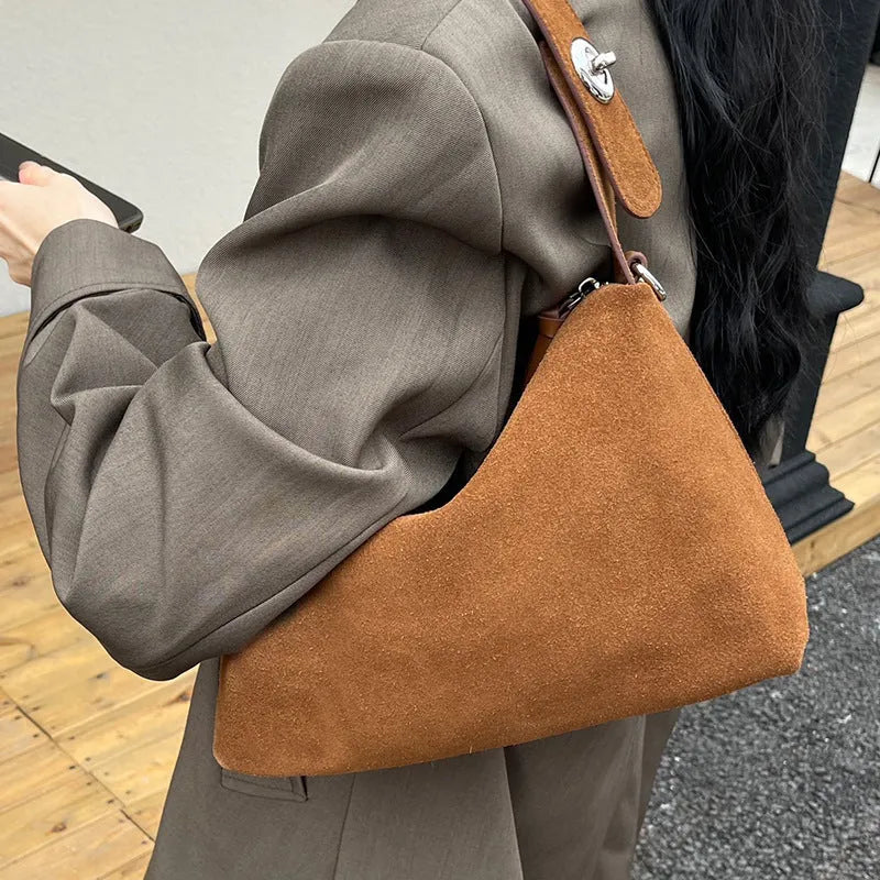 Women's genuine leather baguette underarm bag in deep coffee, soft cowhide, 32x20x10cm, sandwich pocket