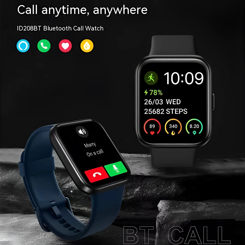 Black smart watch with Bluetooth calling and health monitoring features on a wrist.