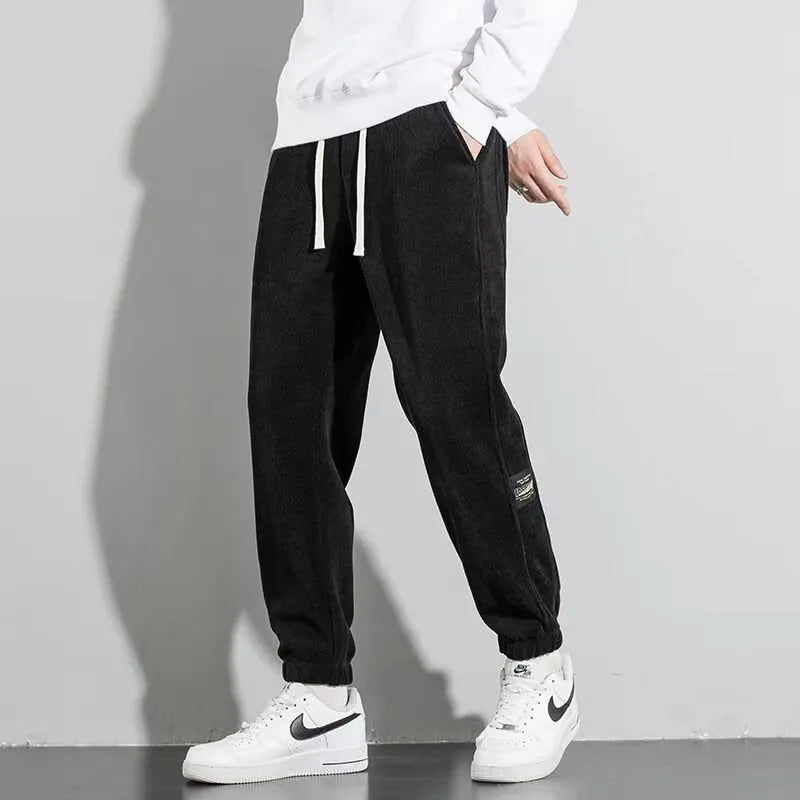 Men's loose straight sweatpants in dark gray, black or dark brown, cotton blend, drawstring mid waist, sizes M-5XL