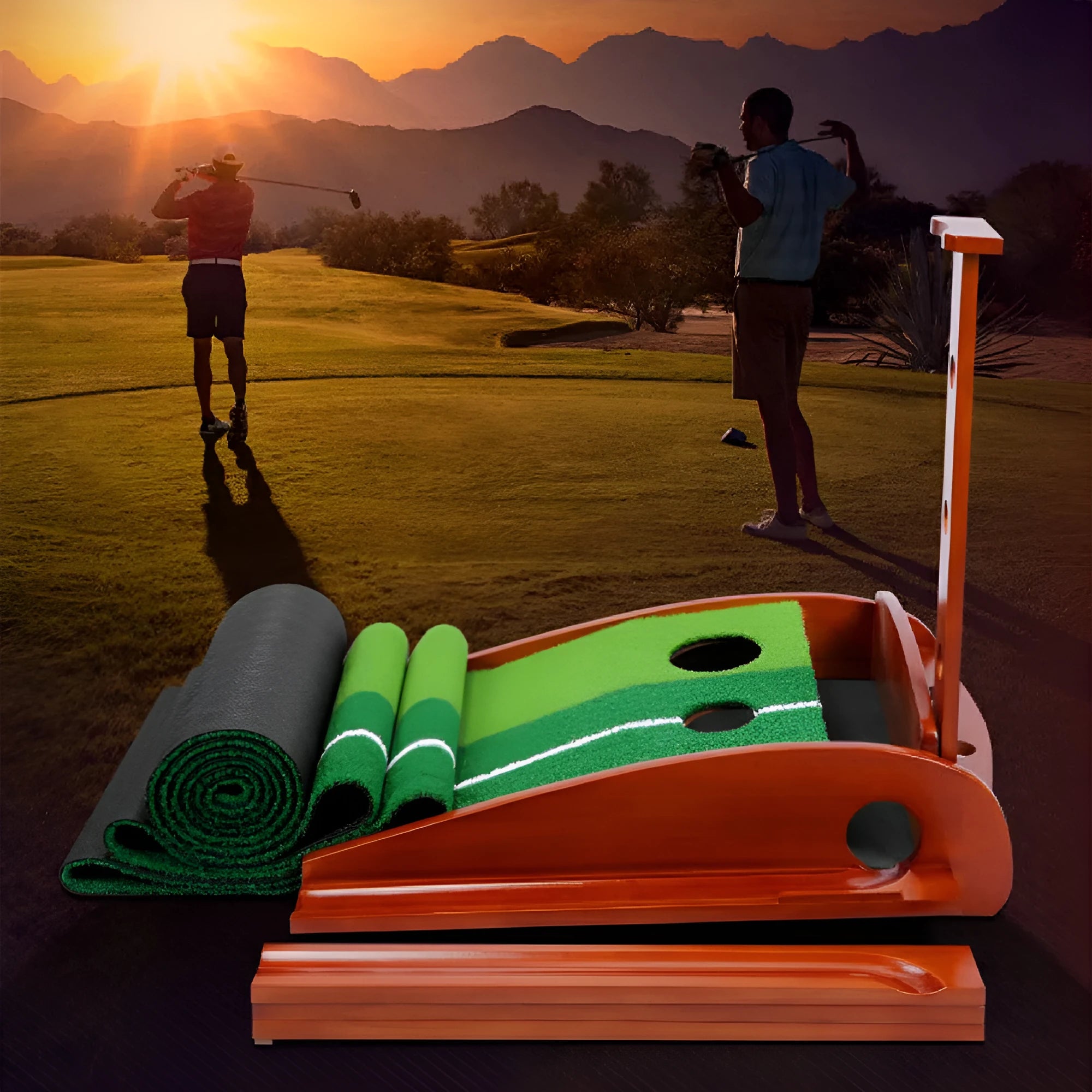 Indoor golf putting practice mat with solid wood frame, synthetic grass, and automatic ball return mechanism.
