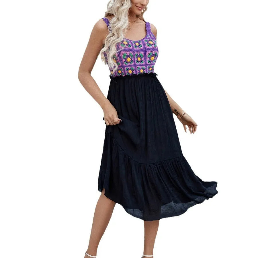 Purple sleeveless dress with hand hook floral stitching on cotton yarn fabric