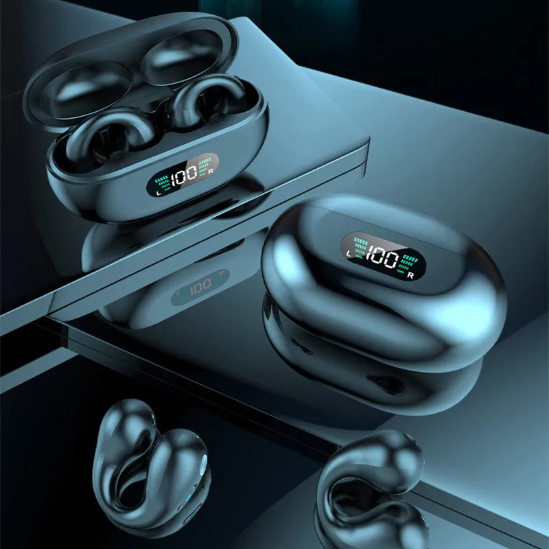 Bone conduction Bluetooth headset clip in ear clip design showing black, white, and khaki colour options