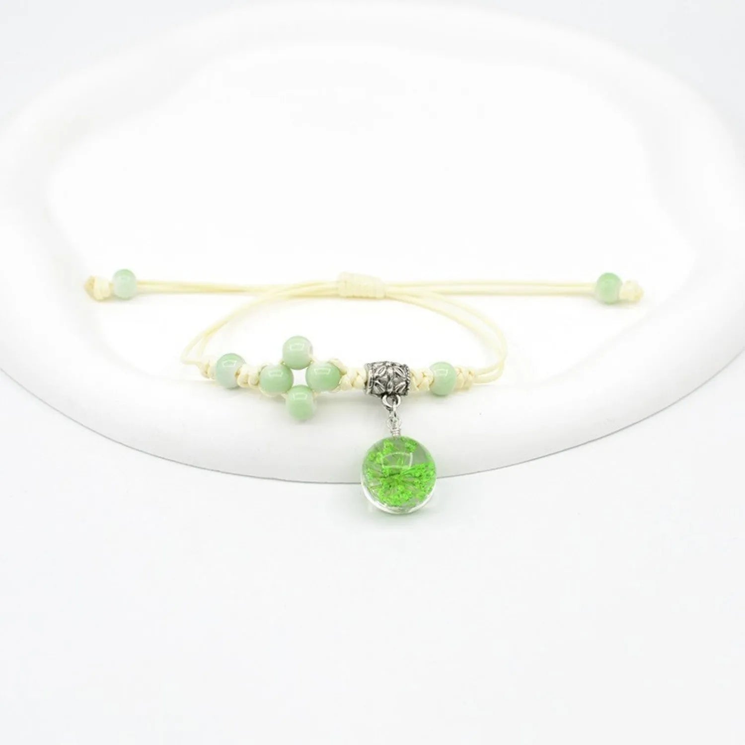 Glass dried flower bracelet with real preserved flowers and lace trim on large 1.4cm beads