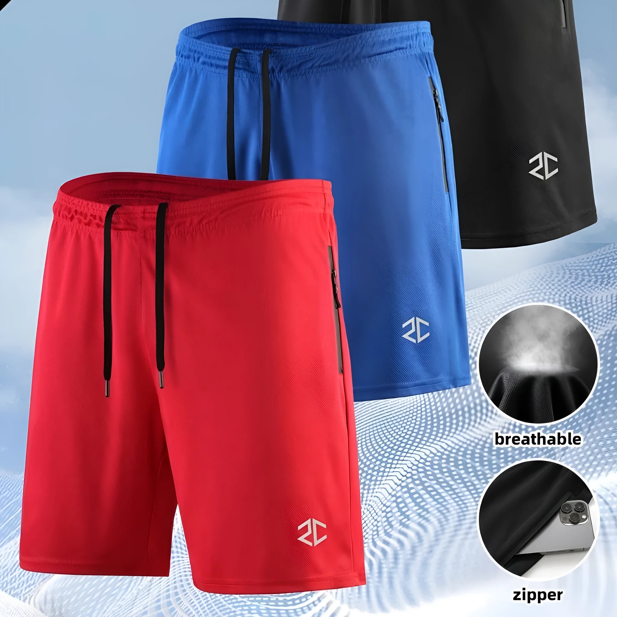 Men's quick-drying polyester cotton blend outdoor training shorts with zipper pocket, five-point length, mid waist, colour black, side view
