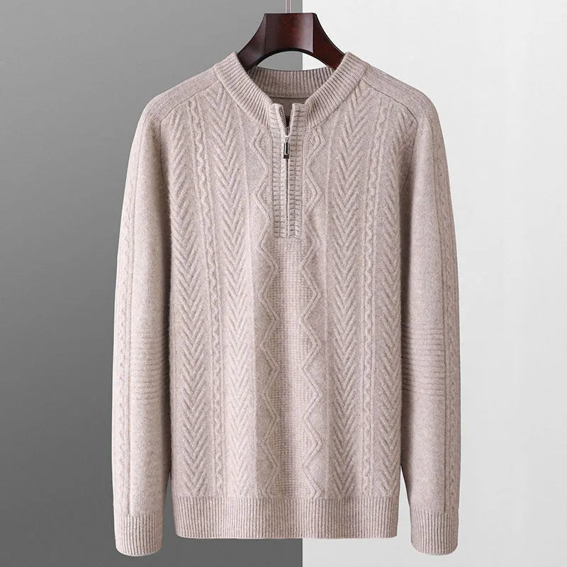Men's loose fit pure wool sweater with diamond lattice pattern and half zip in camel colour.
