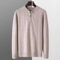 Men's loose fit pure wool sweater with diamond lattice pattern and half zip in camel colour.