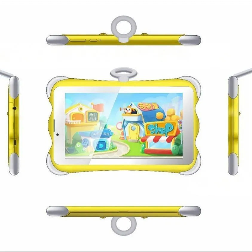 Cartoon green children's 7-inch learning tablet displayed on its included stand