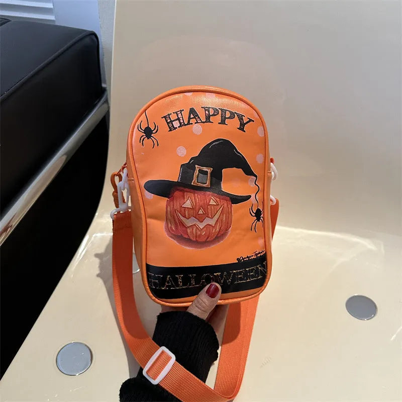 Halloween graffiti print mini crossbody bag with cartoon pumpkin ghost bat design in multiple colours.