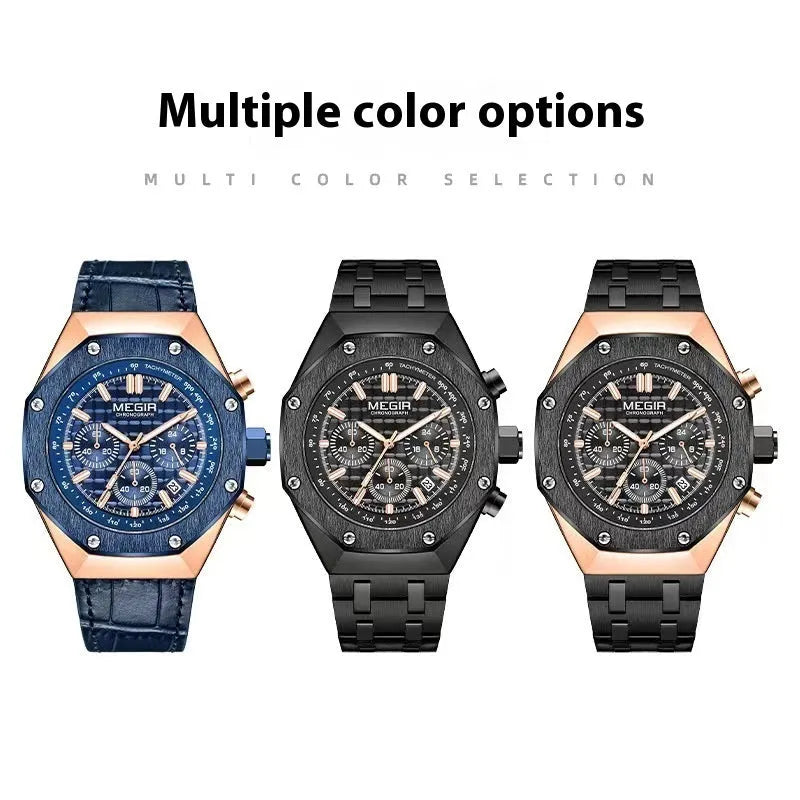 Men's multifunctional waterproof quartz watch showing three colour variations on wrist
