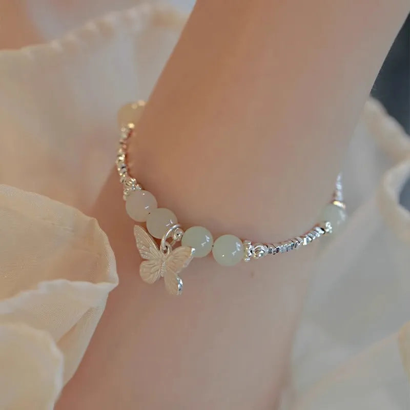Women's Hetian jale and silver butterfly jewellery set with matching bracelet and necklace