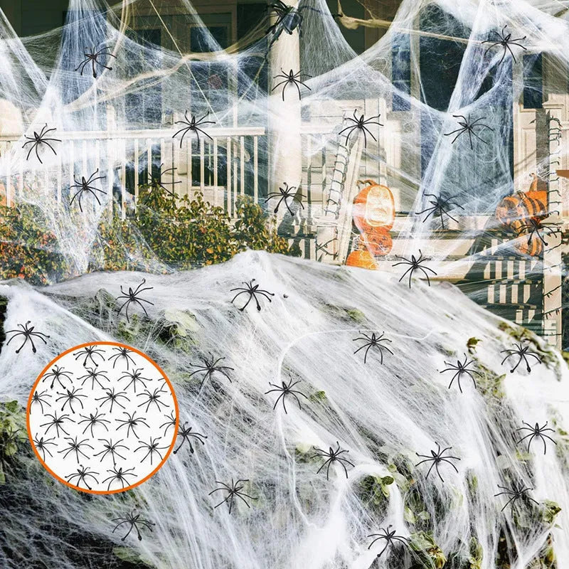 Cotton spider web Halloween decoration set with spiders in white colour scheme
