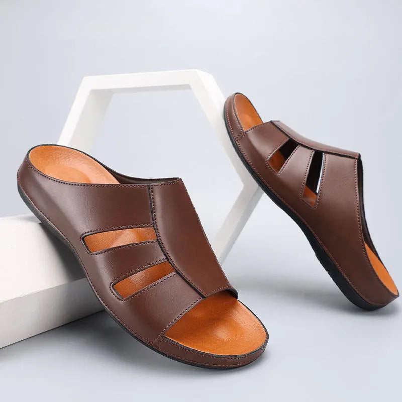 Men's PU leather flip flops in black, khaki, light brown, dark brown, and yellow brown, sizes 40 to 46