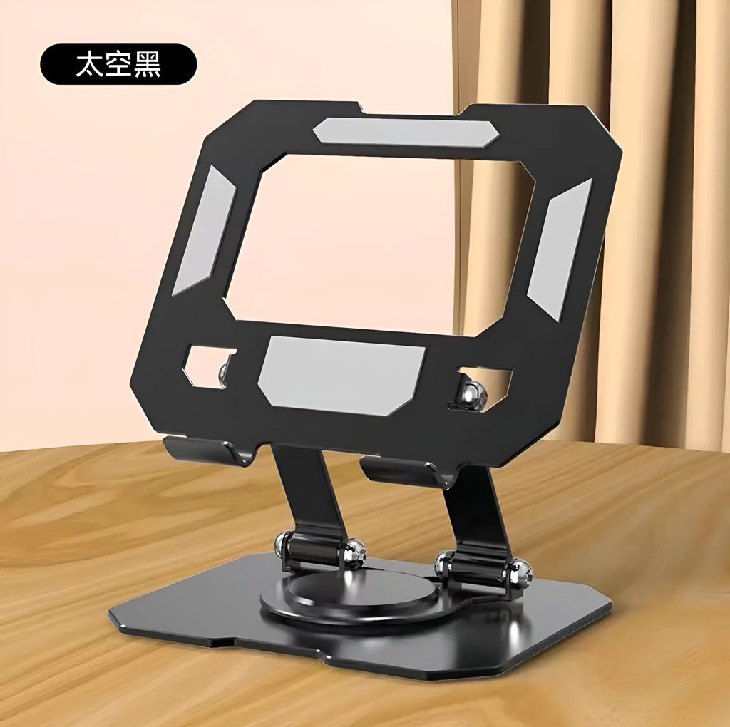 Black foldable laptop stand with metal grid design and height adjustment, placed on a desk with a laptop