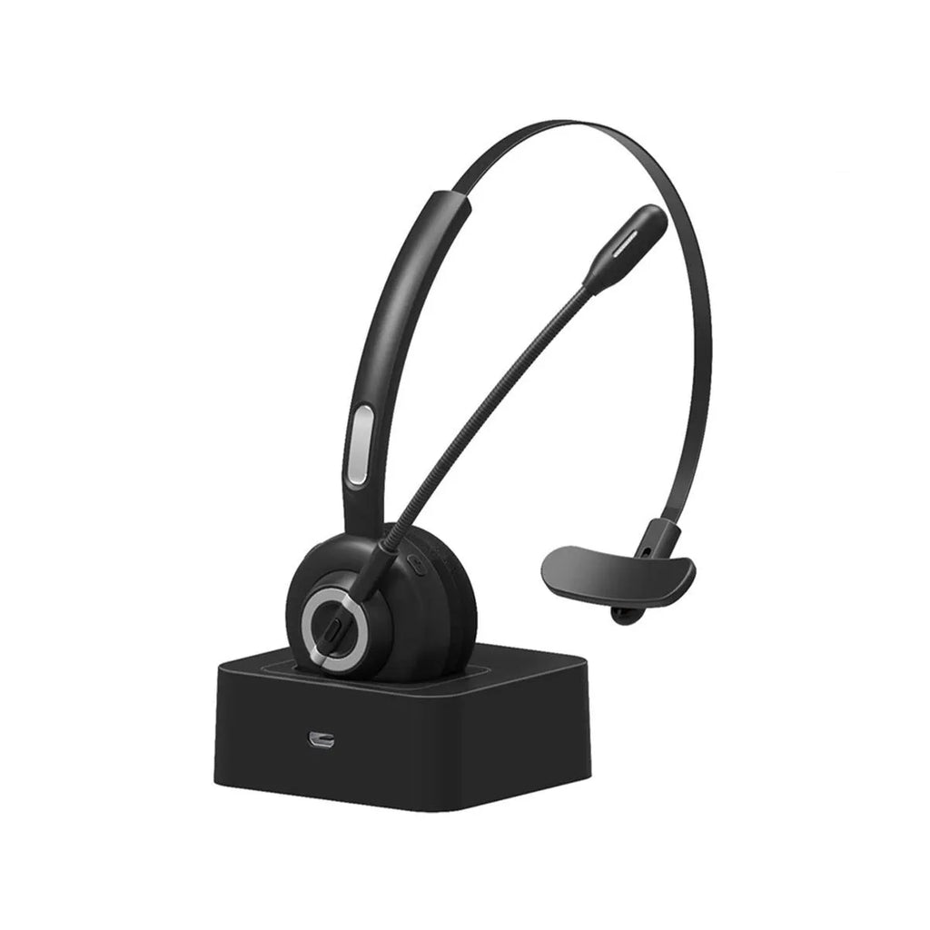 M97 Bluetooth headset in plastic with noise reduction chip, charging base, and data cable