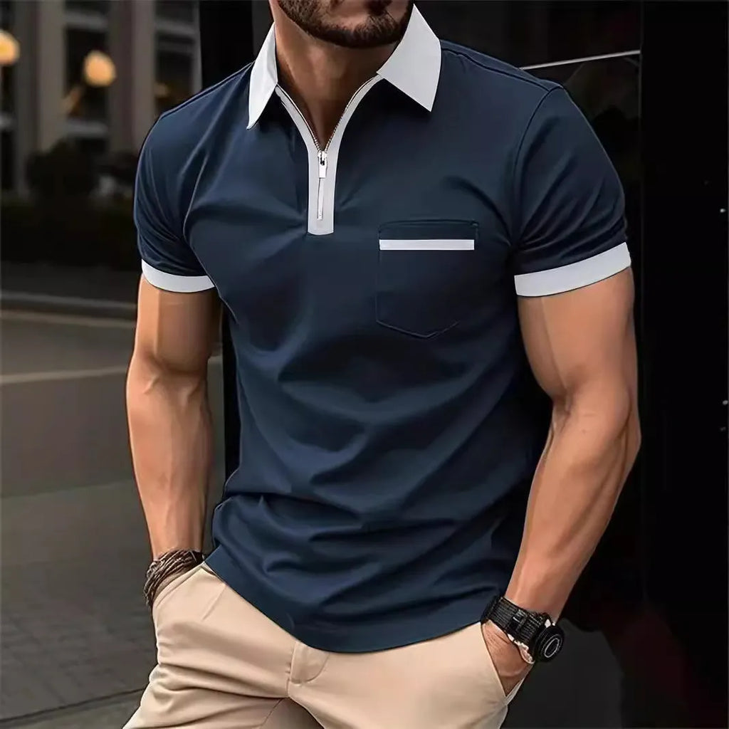 Men's loose fit short sleeve t-shirt with a chest pocket and zip trim on the front.