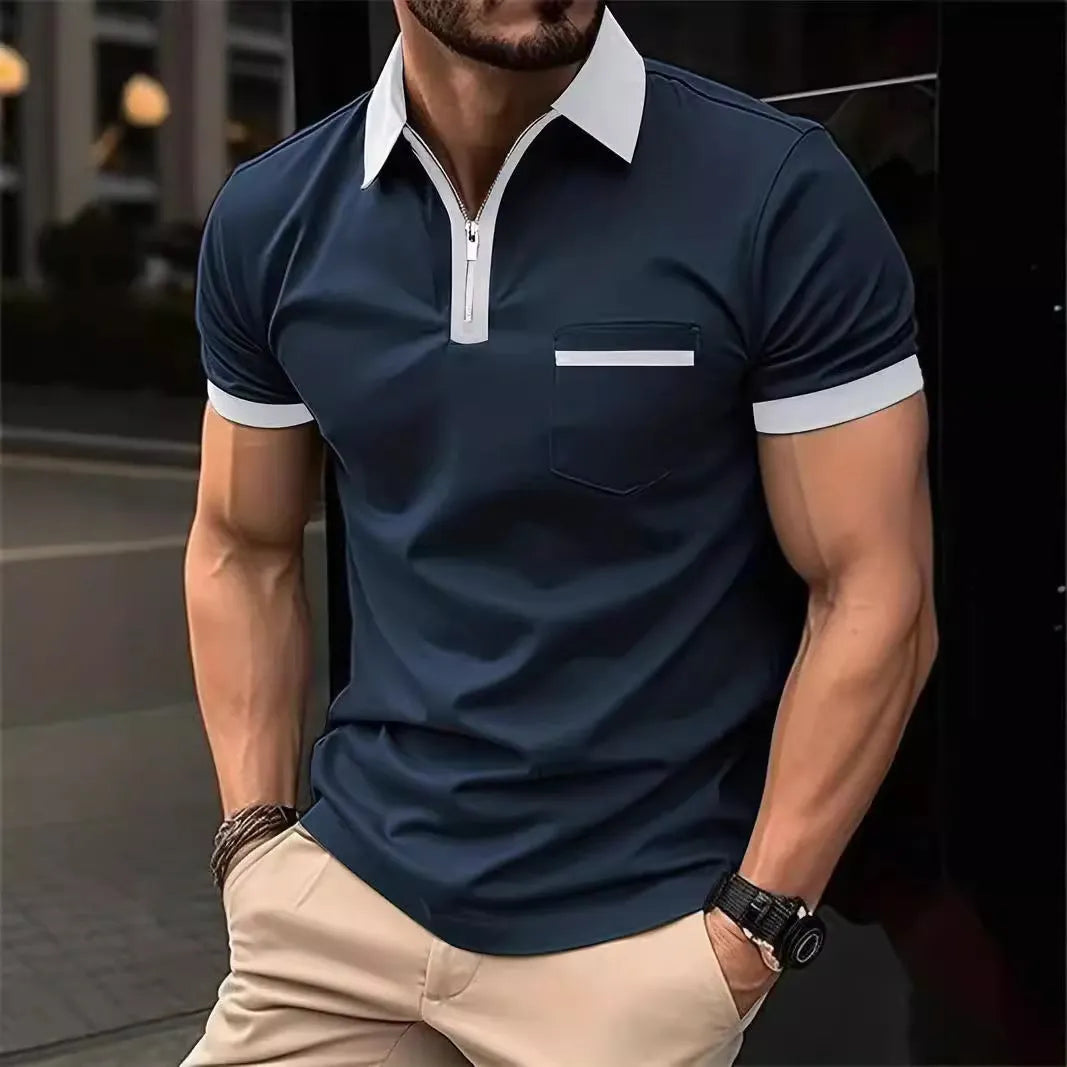 Men's loose fit short sleeve t-shirt with a chest pocket and zip trim on the front.