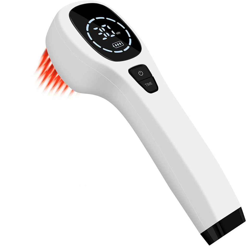 Hand-held red light therapy device in black and white with LED panel, carrying case, and safety glasses