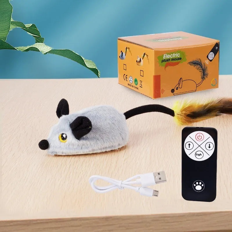 Grey plush electric mouse cat toy with remote control on wooden floor