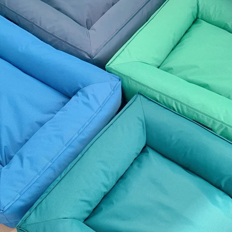XL wooden waterproof dog mat in sky blue, removable from a kennel.