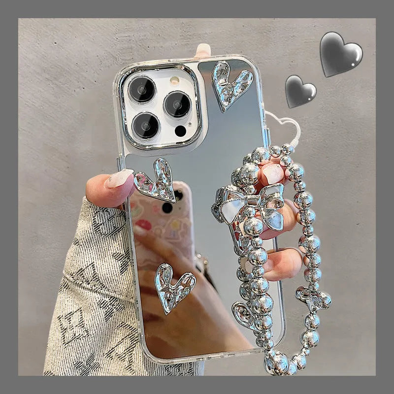 Electroplating pleated heart iPhone case with mirror finish and lanyard option