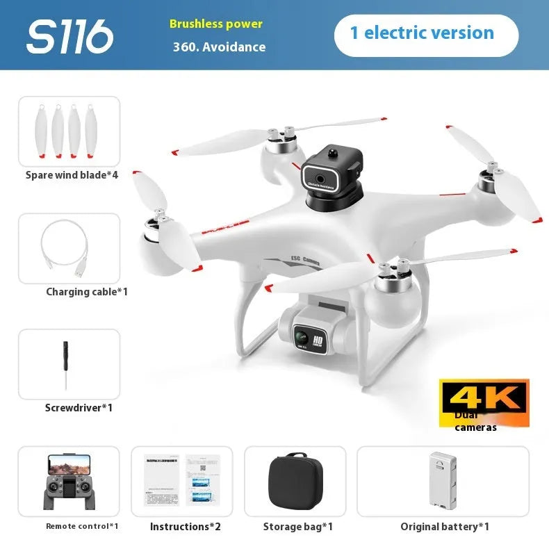 Black HD brushless motor UAV drone with four propellers and a camera, shown with its remote control.