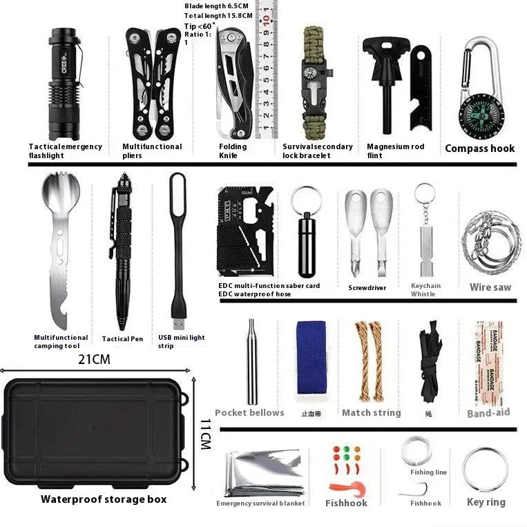 60-in-one outdoor survival tool kit in black and silver case measuring 21x11x5.5cm