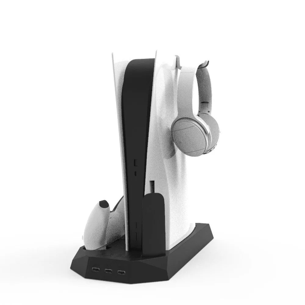 PS5 charging station with direct USB plug, heat dissipation base, and accessory storage in black or white
