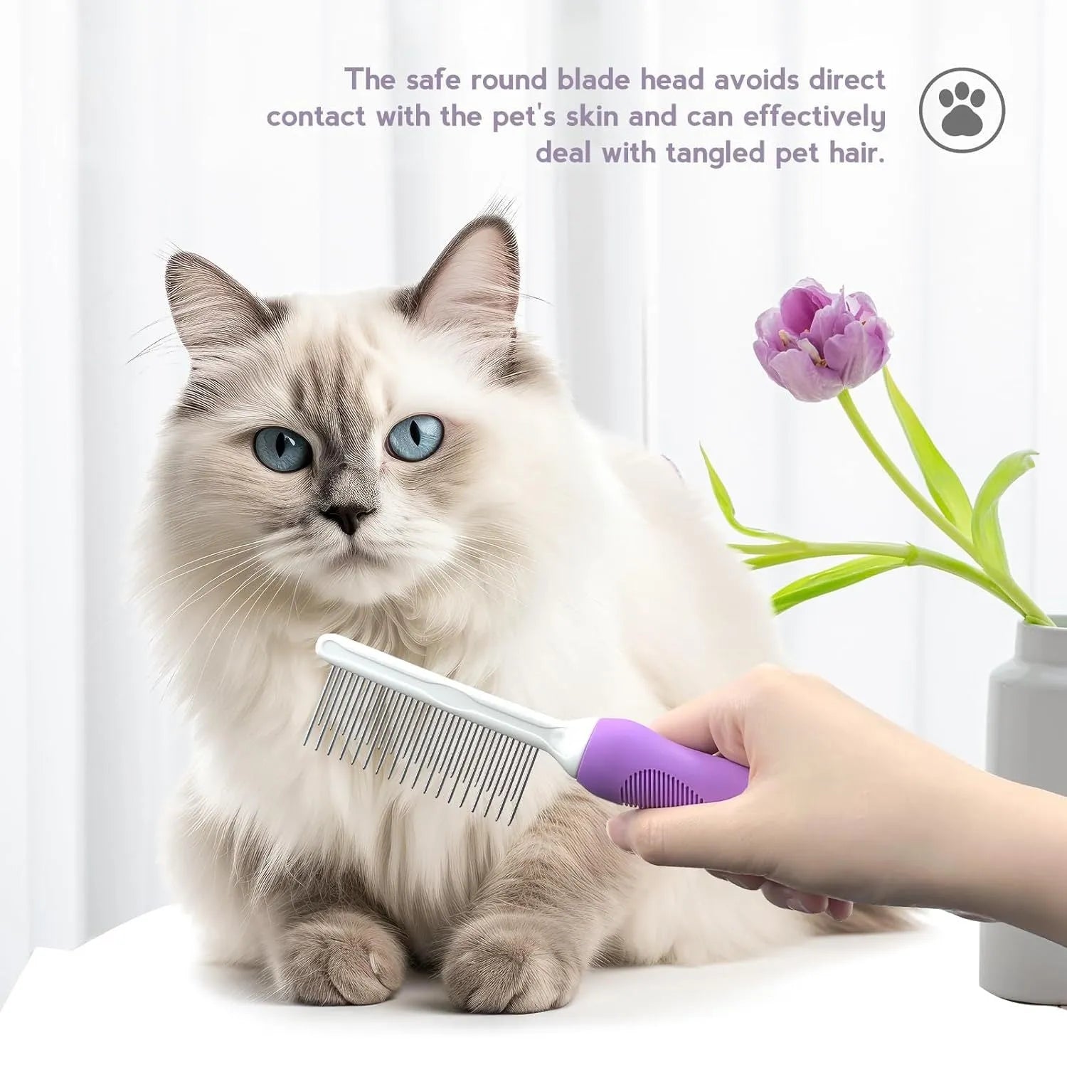 Purple pet detangling comb with stainless steel long and short teeth for dogs and cats