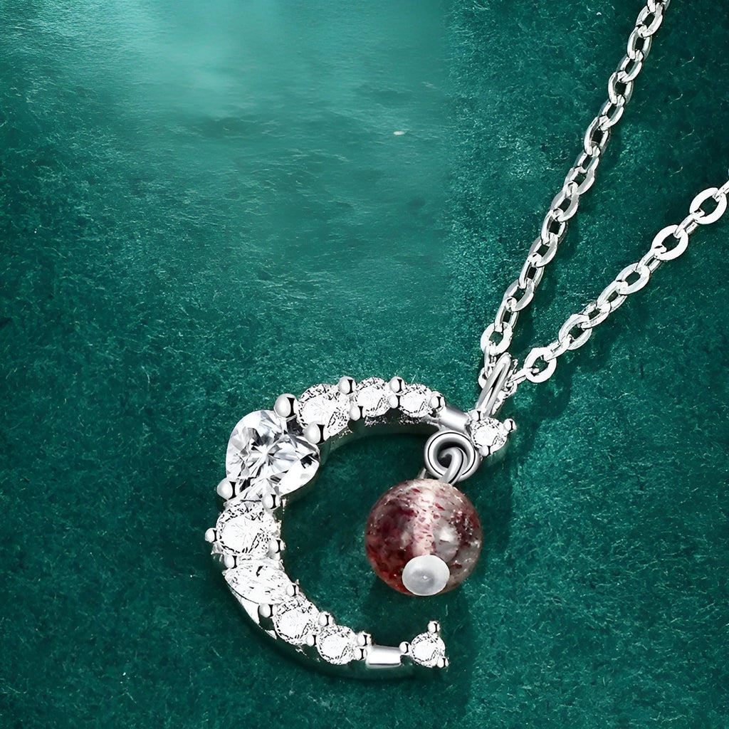Copper moon pendant necklace for women with adjustable cross chain in Strawberry Quartz colour