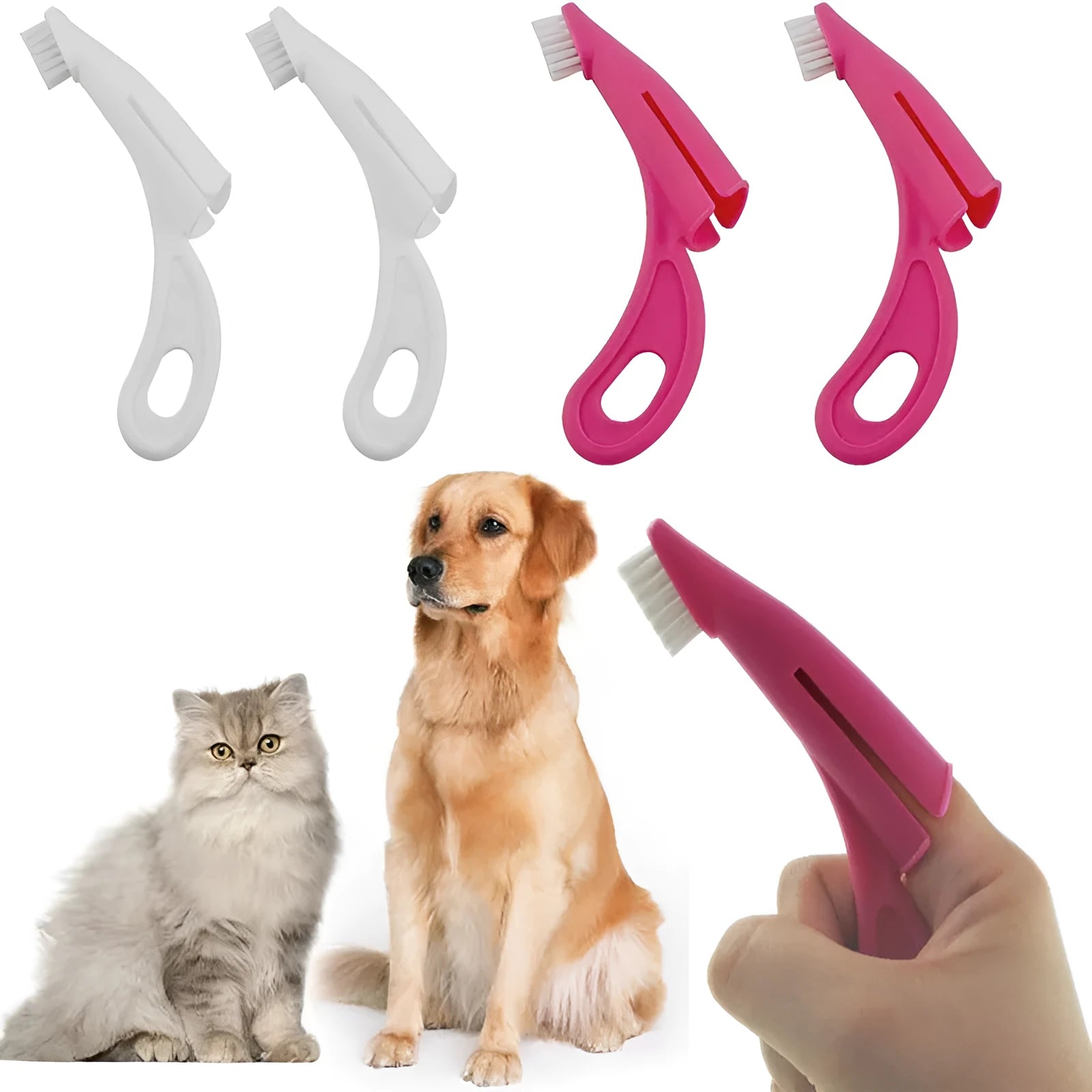 Red and white pet finger toothbrushes with silicone bristles for cleaning dog and cat teeth.