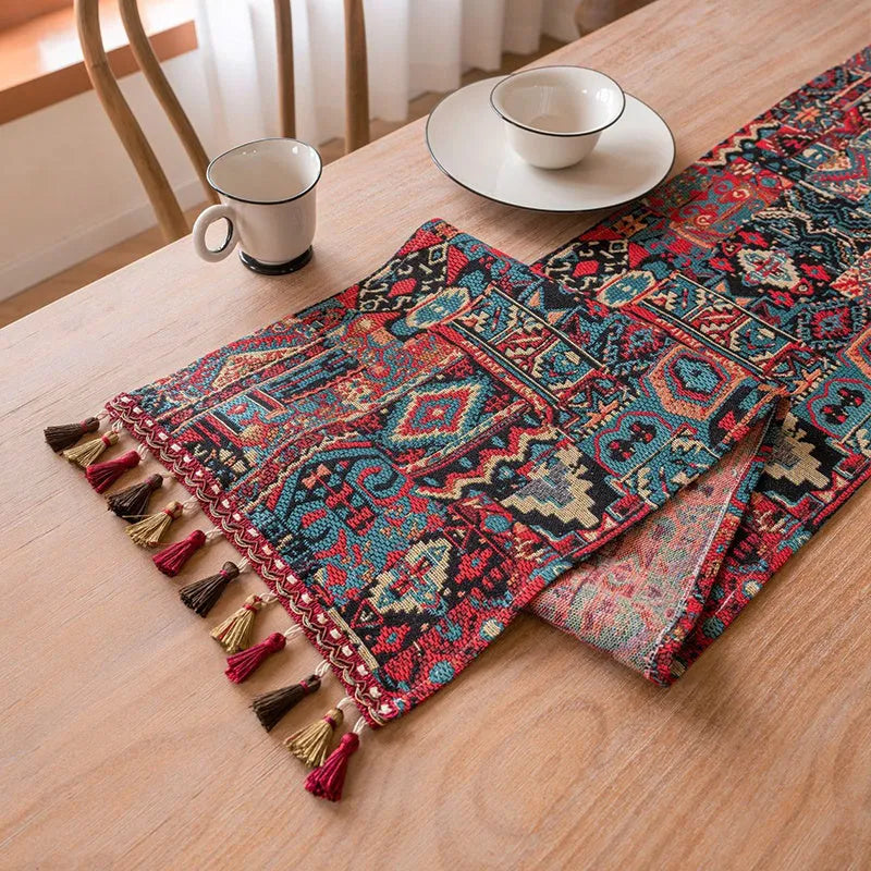 Nordic jacquard striped table runner with tassel trim in dark blue with multiple pattern options