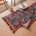 Nordic jacquard striped table runner with tassel trim in dark blue with multiple pattern options