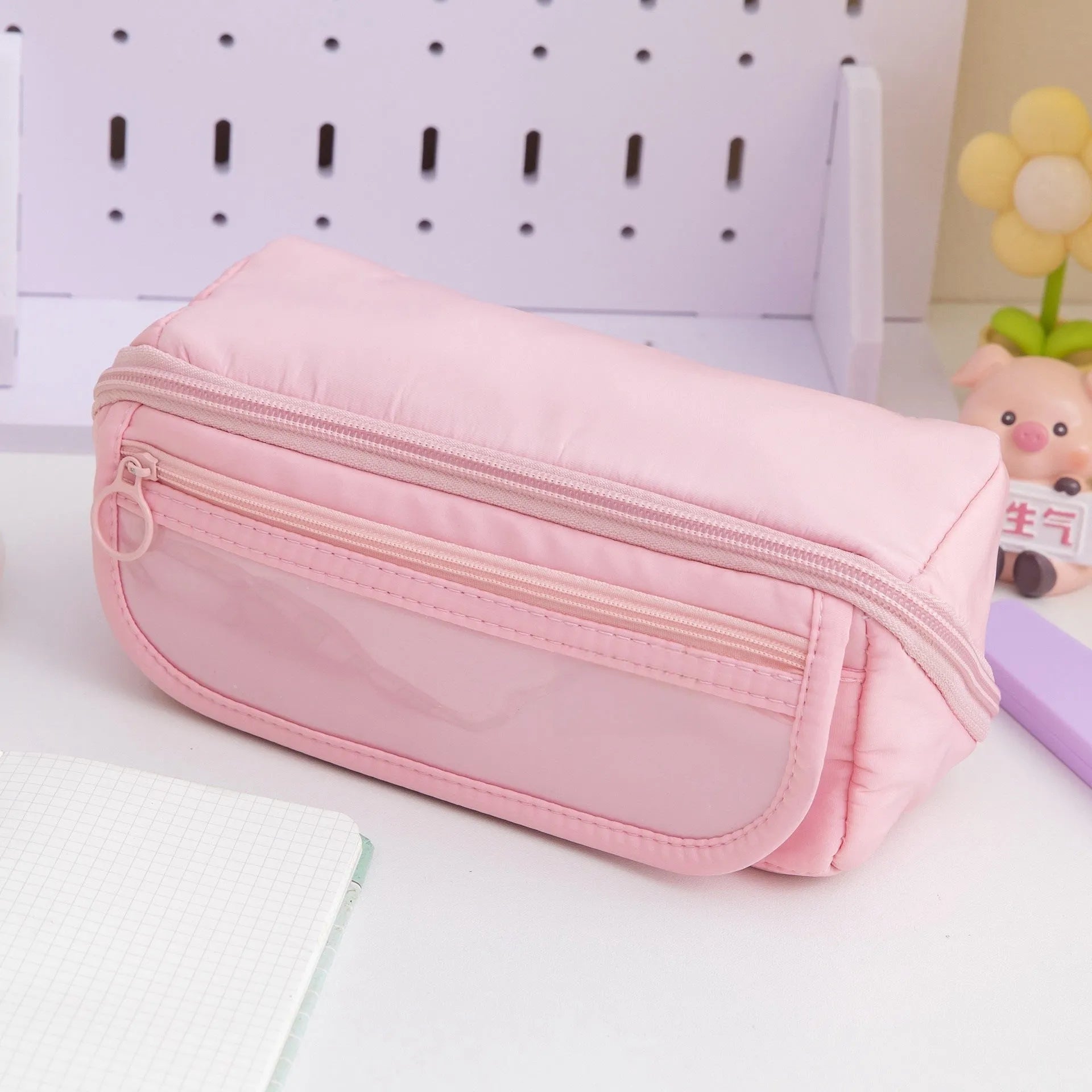 Korean style ten-layer flip canvas pencil case open to show multiple compartments.