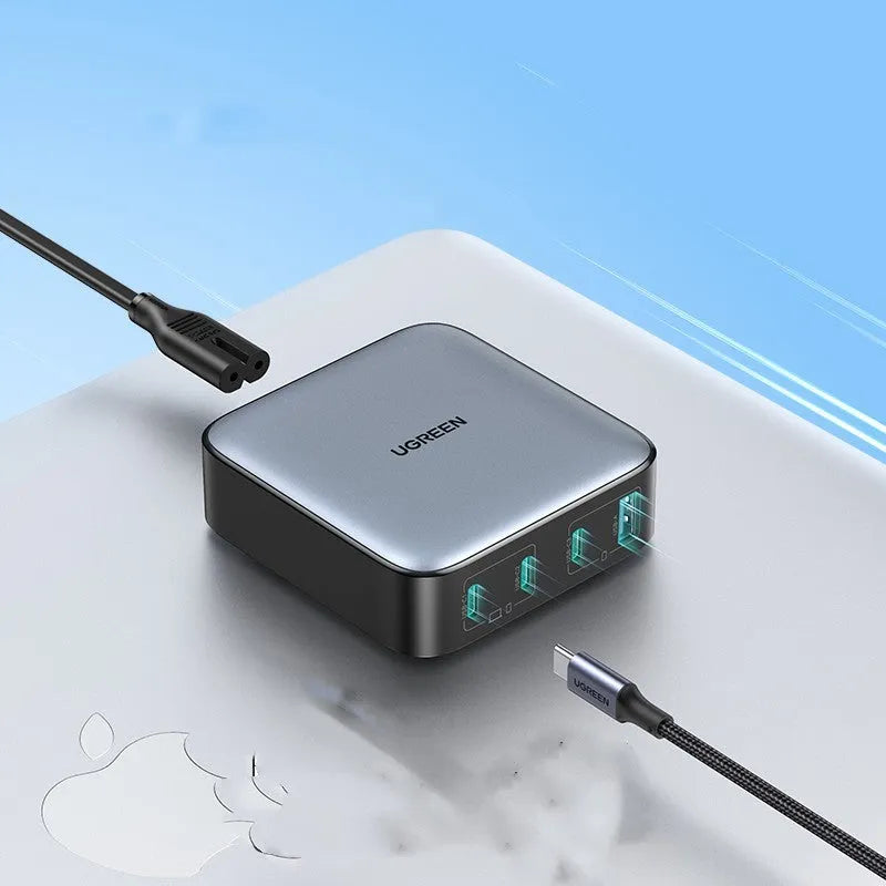 100W Gallium Nitride multi-port USB-C charger plug with attached cable on a grey background.