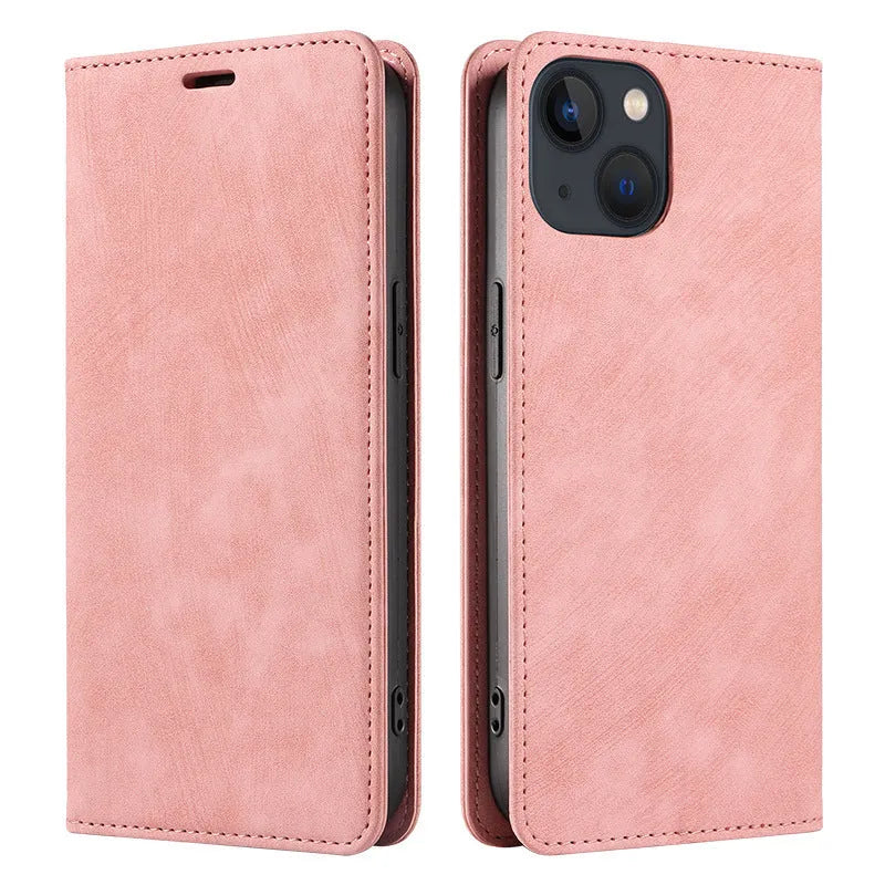 Magnetic flip leather phone case for iPhone shown closed and open, revealing card slots and phone.