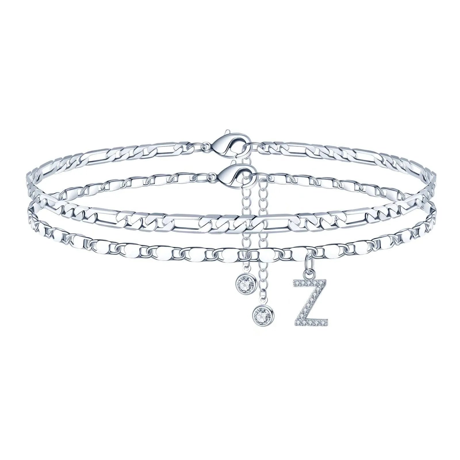 Silver-coloured double-circle bead copper anklet showing alphabet letter modelling on ankle.