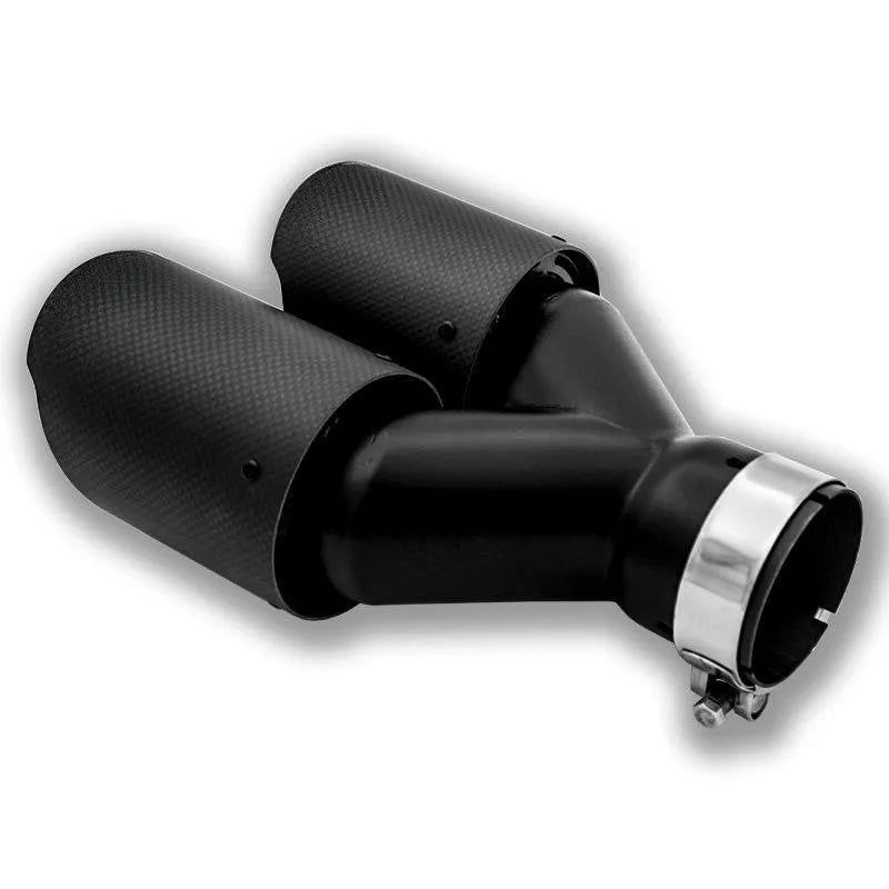 Black carbon fibre car exhaust pipe with dual outlet tail nozzle, 250mm length