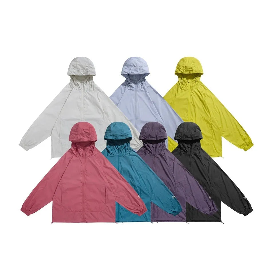 Men's thin hooded sports coat in chemical fibre blend on a hanger.