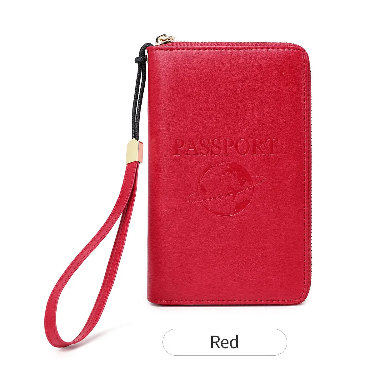 Brown PU travel document wallet with zip, open to show credit card slots and passport space.