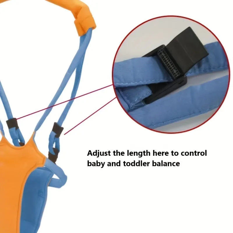 Baby toddler walking harness in orange and blue with adjustable strap and plastic locks